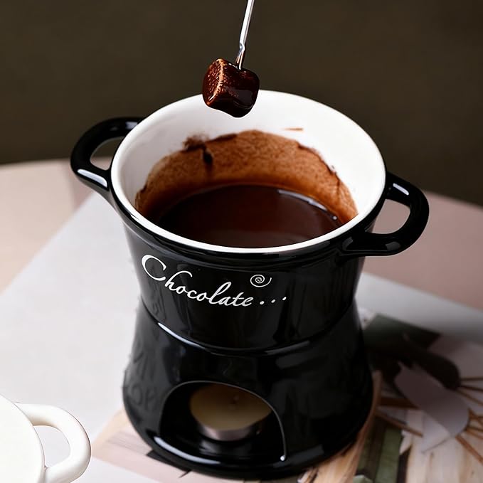 Chocolate Fondue Mug - 330 ml Ceramic Chocolate Melting Cup | Ceramic Personal Fondue Coffee Mug Warmer with Fork | Handmade Melting Butter Warmer for Appetizer Dessert Cheese (Brown)