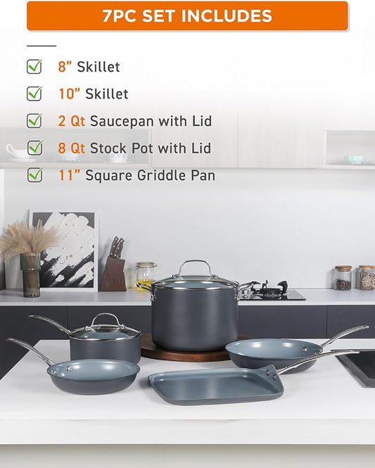 COMMERCIAL CHEF 7-Piece ECOPAN Hard Anodized Aluminum Cookware Set, Ceramic Non-Stick Non-Toxic Pots and Pans Set with Lids, Induction Kitchen Cooking Set, Oven & Dishwasher Safe, PFOA & PTFE Free