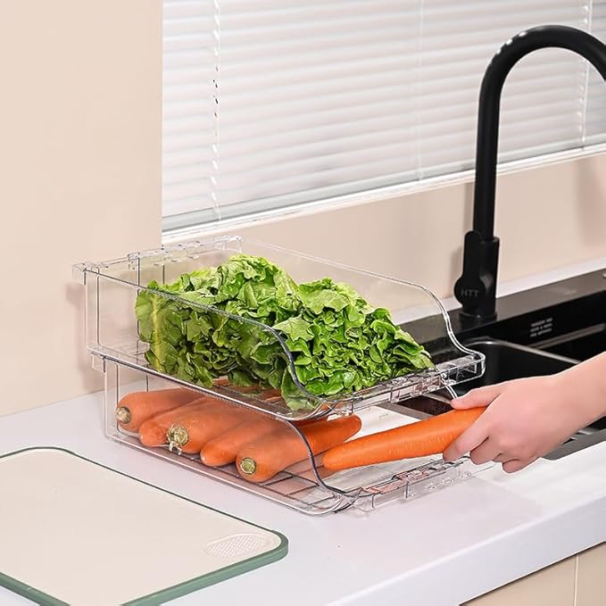 Adjustable Soda Can Dispenser for Refrigerator –Expandable Width PET Drink Organizer, Stackable Space-Saving Fridge Organizer for Cans & Bottles – 2 Pack