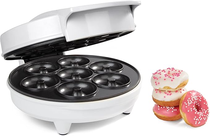 Mini Donut Maker- Electric NonStick Surface Makes 7 Small Doughnuts- Decorate Frost Ice Your Own for Kid Friendly Baked Dessert Treat- Unique Cooking Activity for Adults, Easy Bake Brunch Gift for Her