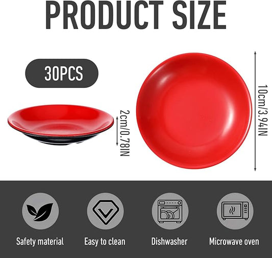 30 Pcs Dipping Bowls Soy Sauce Dishes Dipping Sauce Cups Serving Plate Set Black Red Side Small Dish Pinch Bowls for Condiment, Soy, BBQ, Desserts(Round) 