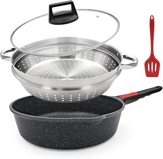 11 Inch Nonstick Deep Frying Pan with Lid, 4-Pc Set - (4.5 Qt Saute Pan with Lid, Steamer/Strainer Basket, Silicone Spatula), Skillet with Detachable Handle, Oven Safe, Non-Toxic