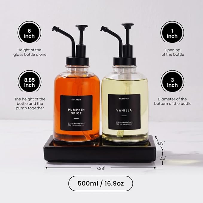 Molimoli Coffee Syrup Dispenser - Glass Bottle with Pump, Maple/Coffee Syrup, Labels and Tray
