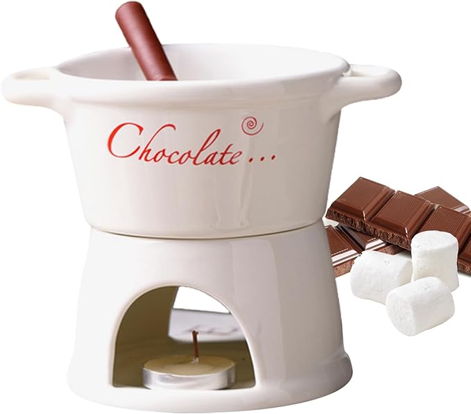 Chocolate Fondue Mug - 330 ml Ceramic Chocolate Melting Cup | Ceramic Personal Fondue Coffee Mug Warmer with Fork | Handmade Melting Butter Warmer for Appetizer Dessert Cheese (White)