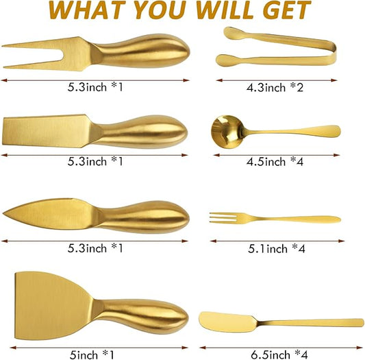 18 pieces Charcuterie Board Accessories, Gold Stainless Steel Cheese Knives, Butter Knife Spreader, Appetizer Forks, Mini Serving Tongs Spoons for Gathering Wedding Birthday...