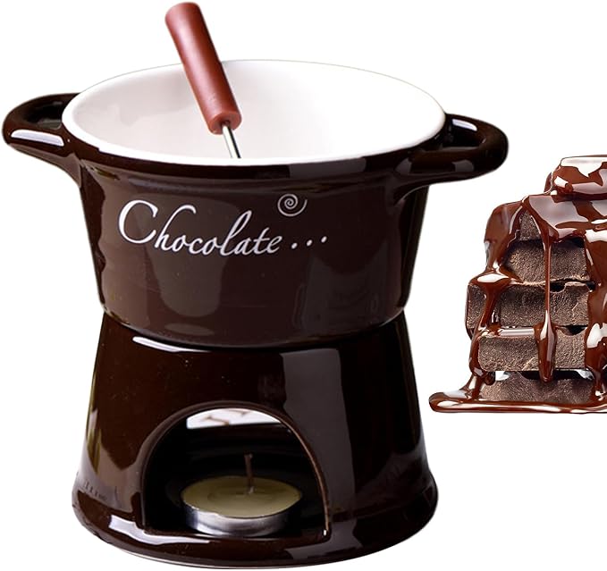 Chocolate Fondue Mug - 330 ml Ceramic Chocolate Melting Cup | Ceramic Personal Fondue Coffee Mug Warmer with Fork | Handmade Melting Butter Warmer for Appetizer Dessert Cheese (Brown)