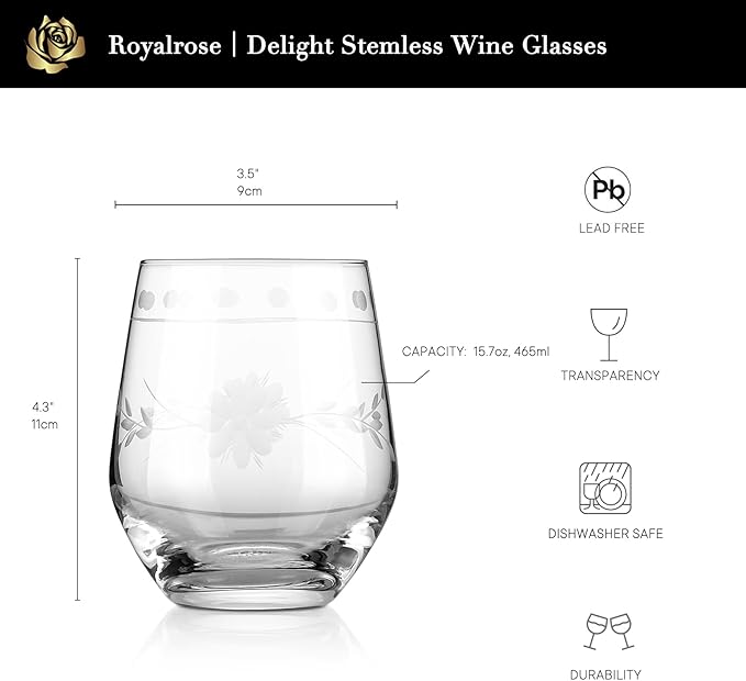 Royalrose Premium Delight Vintage Red Wine Glasses Set of 4, 15.7 oz – Hand-Blown with Etched, Classic Glassware for Weddings, Dinners, and Holiday Gifting (Stemless Wine Glasses)