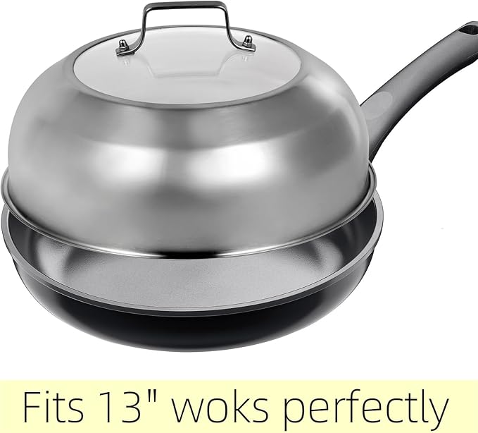 12.75 Inch Stainless Steel Basting Cover, Melting Dome for Griddle Cooking, Round Steaming Cover Lid with Tempered Glass Top and Steam Holes, Dishwasher Safe (12.75")