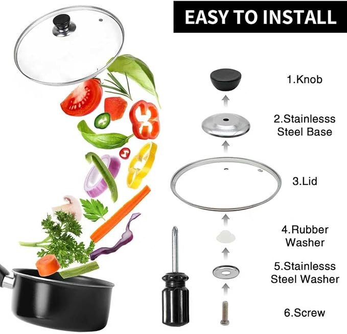 Round Tempered Glass Lid Replacement, Pot Lid 8 Inch Inner Diameter 8.2 Inch Outer Diameter, Pressure Cooker Accessories, Easy to Grip, Stainless Steel Rim, Clear (S)