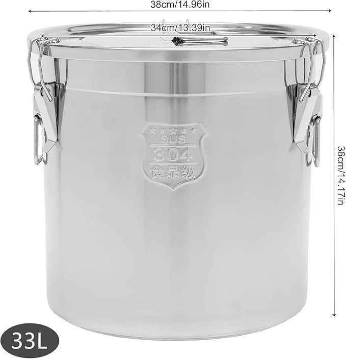 304 Stainless Steel Airtight Canister for Kitchen, 8.7Gal Canisters Container with Lids and Sturdy Locking Clamp,Bucket Food Storage Containers Airtight for Flour Coffee Bean Tea (33L)