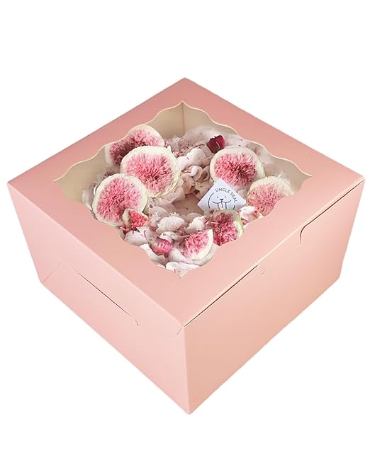qiqee 10x10x5 Cake Box, 18 Sets Pink Cake Box with Window & 18 Sets 10" Pink Cake Round Boards, 10inch Cake Containers