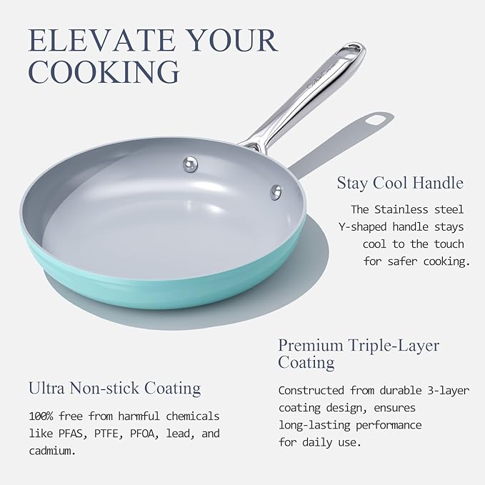 Nonstick Ceramic Frying Pan 8" for All Stovetops, PTFE/PFOA/PFAS Free, Even Heat Distribution Oven Safe up to 500ยฐF, Healthy Non Toxic Skillet w/ Ergonomic Stainless Steel Handle, Caribbean Blue