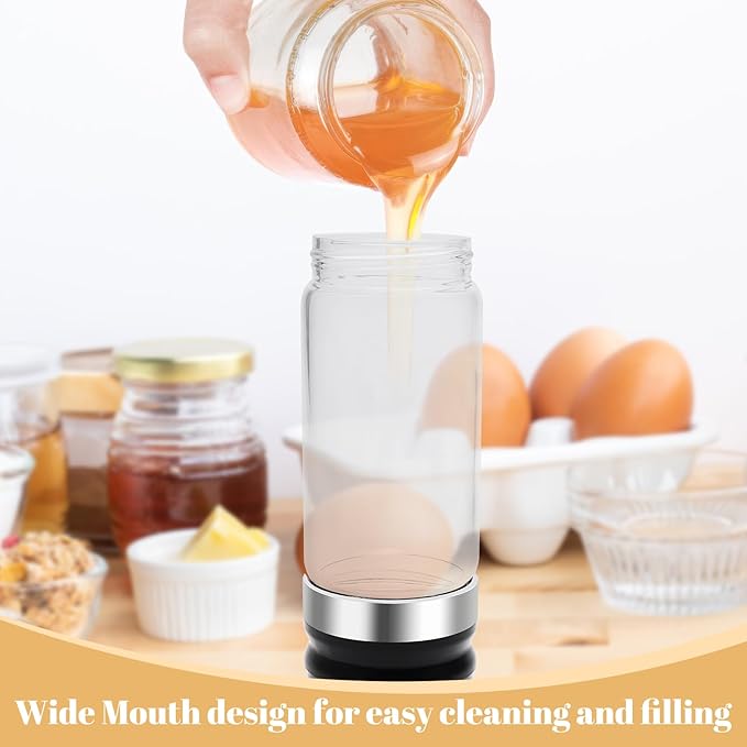 12 OZ Honey Dispenser No Drip with Stand,Extra Large Glass Syrup Dispenser with Clean Brush and Cloth, Easy One Hand Use Honey Jar Pot for Coffee Bar,Tea,Glass Syrup-Black