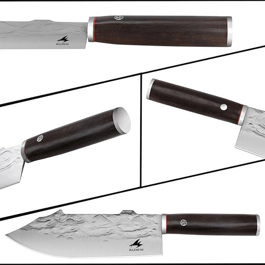 Professional Forged Butcher Knife, Sharp 8-inch High Carbon Stainless Steel Blade for Meat-Cleavers, Ash Wood Handle, with Leather Sheath Great for Home, Camping, BBQ
