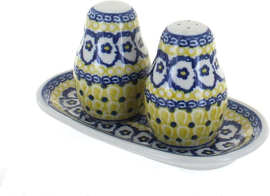 Blue Rose Polish Pottery - Yellow Saffron Salt & Pepper Shakers with Tray - 3.5" Tall - Hand-Painted Ceramic Seasoning Set for Table & Kitchen
