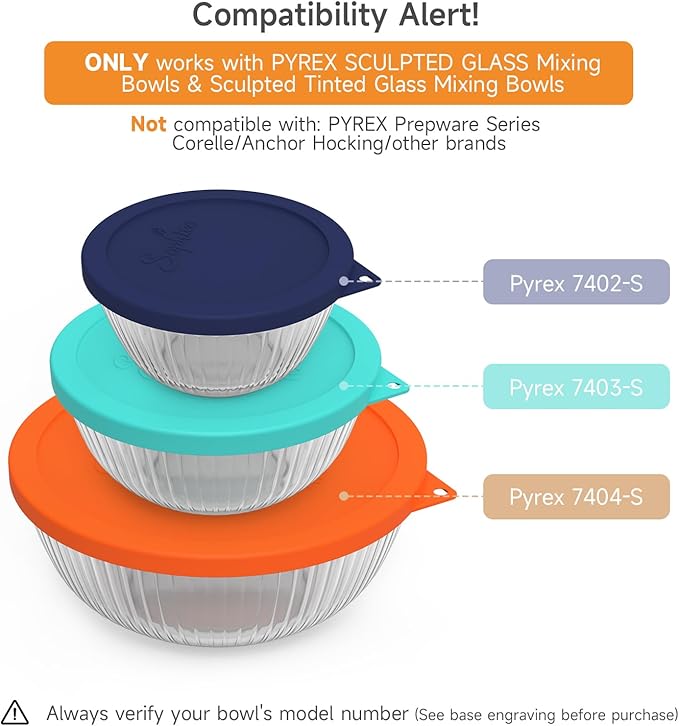 SOPHICO Silicone Replacement Lids for Pyrex Sculpted Glass & Tinted Glass Bowls Mixing Bowls(3 size)Container not included