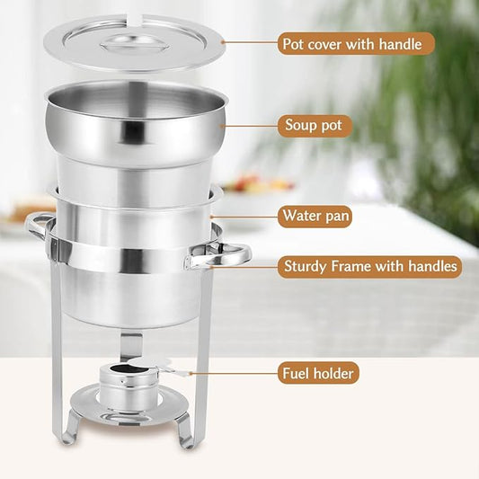 Snowtaros 7QT Soup Chafer, Stainless Steel Round Soup Warmer with Pot Lid & Fuel Holder, Commercial Soup Pot Chafing Dish for Catering, Parties, Banquets, Events (2 Pack)