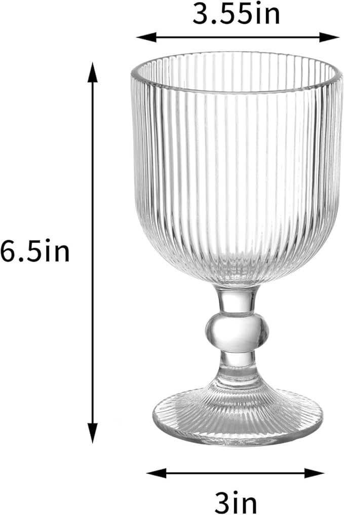 Vintage Wine Glasses Set of 6, 11 Ounces Colored Glass Water Goblets, Unique Embossed Pattern High Clear Stemmed Glassware Wedding Party Bar Glass Drinking Cups Fancy Glasses Vertical Line Clear
