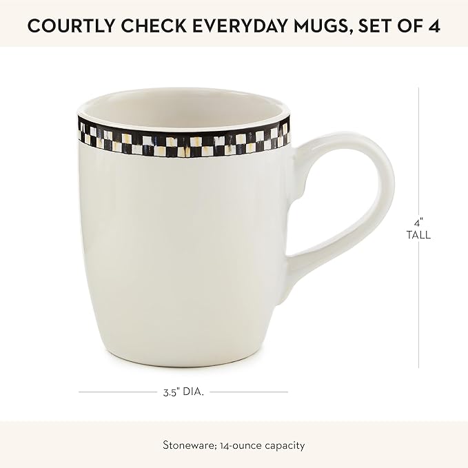 MACKENZIE-CHILDS Set of 4 Everyday Mugs, Dishwasher-Safe and Microwave-Safe, 14-Ounce Capacity, Black-and-White Courtly Check