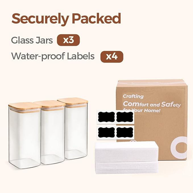 ComSaf Airtight Glass Storage Canister with Wood Lid (1.6 Qt), Clear Food Storage Container Jar with Sealing Lids for Oat Pasta Flour Cereal Rice Sugar Tea Coffee Beans, Set of 3 Square Cookie Jar