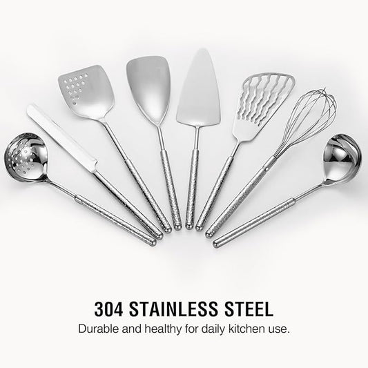 304 Stainless Steel Cooking Utensils Set, 8PCS Kitchen Utensils Set, Luxury Kitchen Utensils, Deep Ladle, Skimmer, Slotted Spatula, Fish Spatula, Serving Spoon, Whisk, Bread Knife, Cake Server