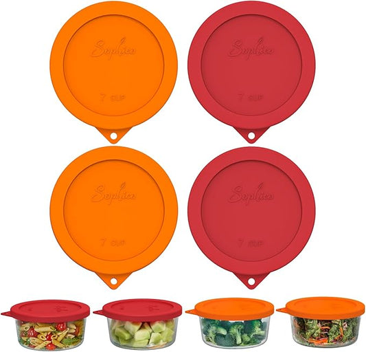 Sophico 1 Cup Round Silicone Storage Cover Lids Replacement for Anchor Hocking and Pyrex 7202-PC Glass Bowls (Container not Included) (Orange - Red)