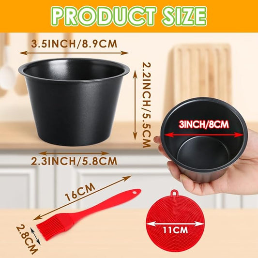 Popover Pans 4 Packs, Carbon Steel Pudding Cup Individual Muffin Cupcake Pan,Nonstick Large Round Oven Baking Egg Tart Molds for Cake with Oil & Dish Brush,Black(3.5"x2.2")