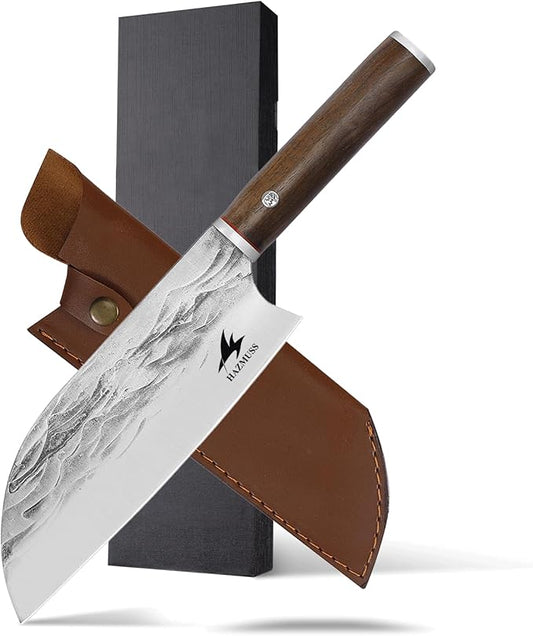 Hand Forged Chef Knife, 7.6-inch High Carbon Stainless Steel Blade for Slicing, Ash Wood Handle, with Leather Sheath, Suitable for Kitchen, Outdoor Cooking, BBQ