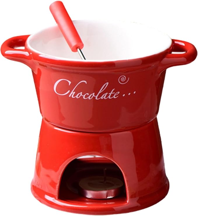 Chocolate Fondue Mug - 330 ml Ceramic Chocolate Melting Cup | Ceramic Personal Fondue Coffee Mug Warmer with Fork | Handmade Melting Butter Warmer for Appetizer Dessert Cheese (Red)