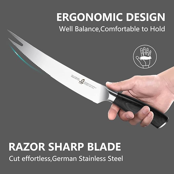 TUO BBQ Knife, 8 inch Roast Cutting Knife with Fork Tip for Grilled Meat Cutting, Serrated Edge, High Carbon German Steel, Comfortable Pakkawood Handle