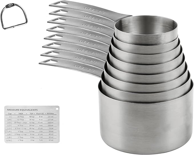 Measuring Cups Set, 18/8 (304) Stainless Steel Measuring Cups Set 9, Metal 8 Measuring Cups with 1 Magnetic Conversion Chart, Metric Measuring Cups with 1/8 & 3/4 Cup for Baking & Kitchen