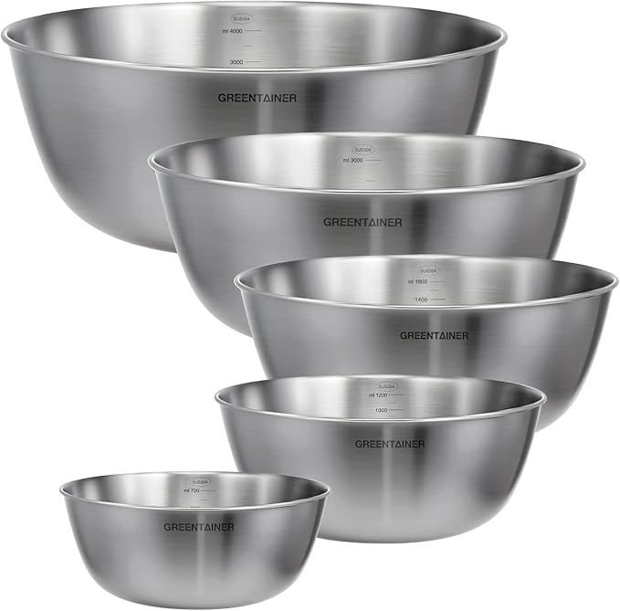 5-Piece Stainless Steel Mixing Bowls Set for Kitchen, Nesting Bowls for Mixing, Baking, Prepping, Cooking and Serving Food, Metal Mixing Bowls Dishwasher Safe