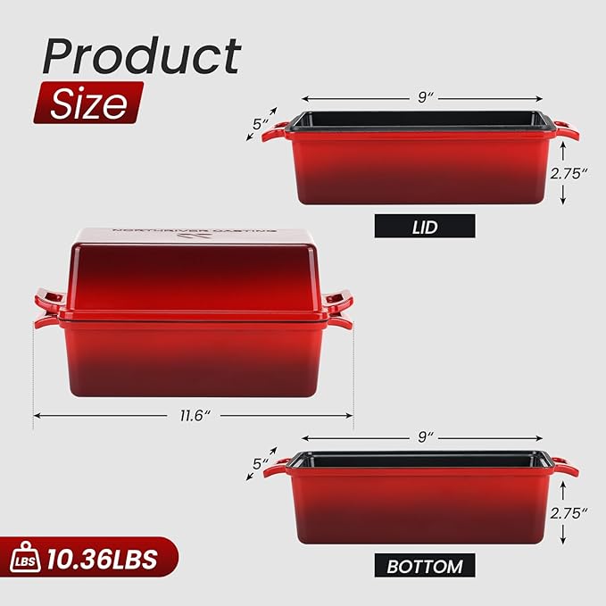9x5 Inch Enameled Cast Iron Loaf Pan with Lid, Perfect Bread Baking Pan | Even Heat Distribution for Homemade Bread, Cake, Meatloaf,2 Piece set,Red