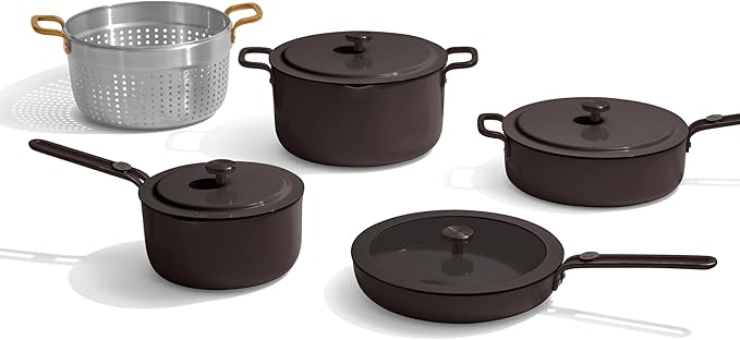 Our Place Essential Cookware Set – 11-Piece Ceramic Nonstick Set with 25cm Frypan, Saucepan, Saute Pan, Stock Pot, Storage Racks and Strainer with Thermakind™ | Oven Safe up to 230°C | Char