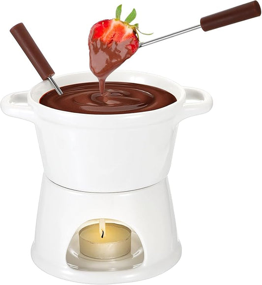 300ML Ceramic Butter Warmer Set with 2 Forks, White Fondue Pot Melting Pot Set, Melt Hot Pot Bowl Set for Cheese Chocolate Butter Caramel
