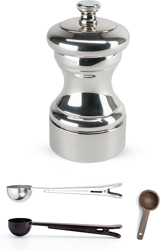 Peugeot Mignonnette Silver-Plated Pepper Mill Gift Set, 10cm/4-Inch - With 3 Stainless Steel/Wood Spice Scoops
