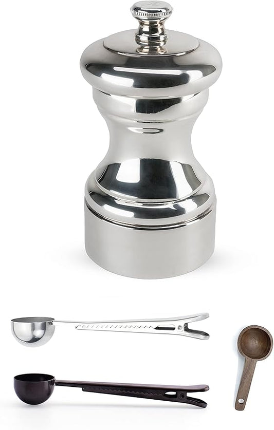 Peugeot Mignonnette Silver-Plated Pepper Mill Gift Set, 10cm/4-Inch - With 3 Stainless Steel/Wood Spice Scoops