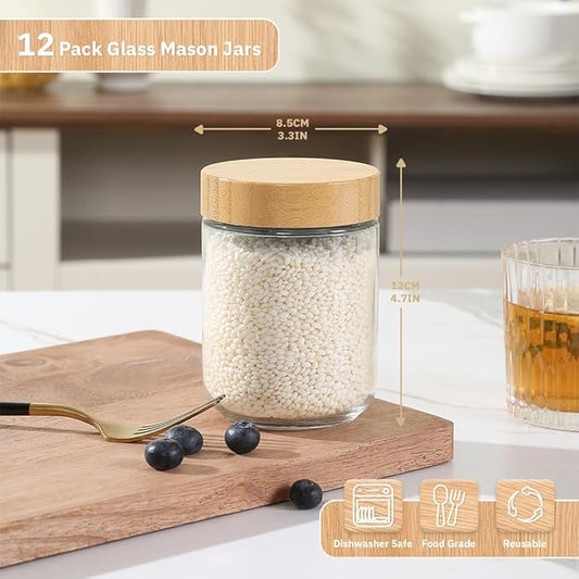 16 OZ Glass Mason Jars with Airtight Lids Wide Mouth Leakproof Pantry Organization Food-Grade Storage Containers for Honey,Salad,Yogurt and Snacks (Wooden Lid-12 Pack)