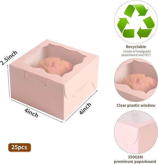25pcs Pink Small Cake Box,4x4x2.5 Inch Bakery Boxes with Window,gift boxes bulk for Mini Cake Pastry Dessert Strawberries Chocolates Cupcakes with Stickers