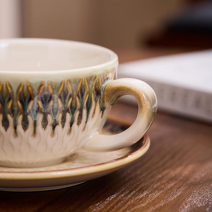 Vintage Design 12 oz Ceramic Latte Art Cappuccino Barista Cup with Saucer (Embossed Vintage)