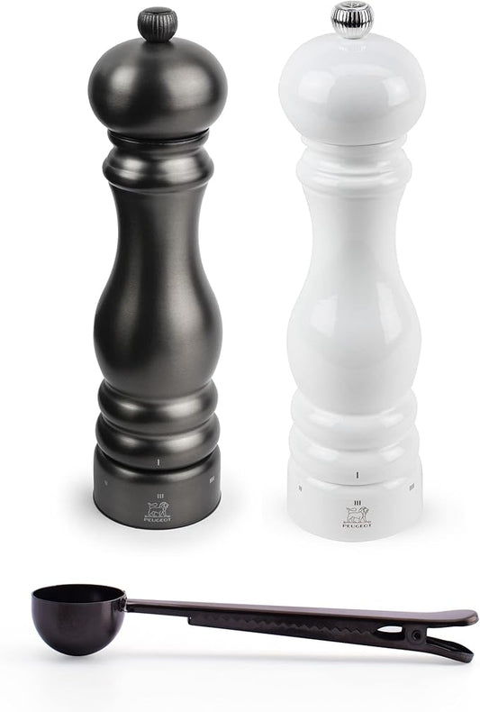 Peugeot Paris Chef Carbone u'Select Stainless Steel 22cm 9 inch Carbon Finish Pepper Mill w/White Lacquered Salt Mill- With Stainless Steel Spice Scoop/Bag Clip