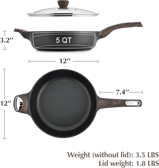 SENSARTE Nonstick Frying Pan Skillet with Lid, 12 Inch Large Deep Frying Pan, 5 Qt Non Stick Saute Pan with Cover, Induction Pan, Healthy Non Toxic Cooking Pan with Helper Handle, PFOA PFOS Free