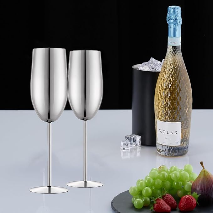 Champagne Glasses Set of 2 Stainless Steel Champagne Flutes Wedding Gifts for Bride 8.5 oz Unbreakable Champagne Glasses for Party Wedding Christmas Anniversary Brithday