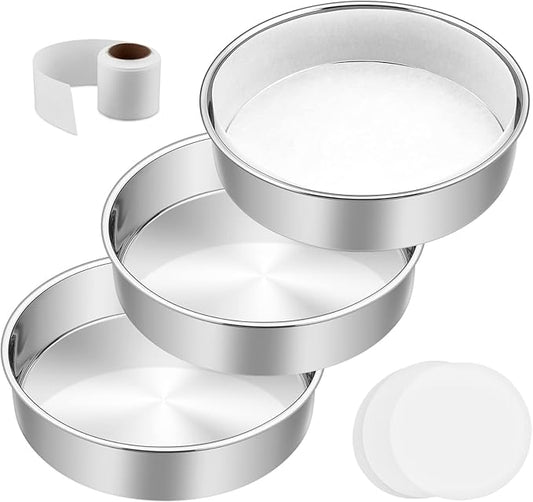 8 Inch Cake Pan Set of 3, E-Far Stainless Steel Round Layer Cake Baking Pans with Parchment Rounds & Side Liner Roll, Non-Toxic & Healthy Metal Cakes Tin, Straight Side & Dishwasher Safe