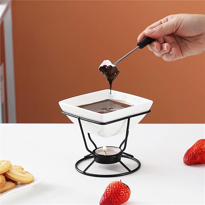 Ceramic Butter Warmers Personal Seafood Fondue Set with Shelf Candle Two Forks, Used for Melted Sauce Keeps Heat, 10.2 * 10cm