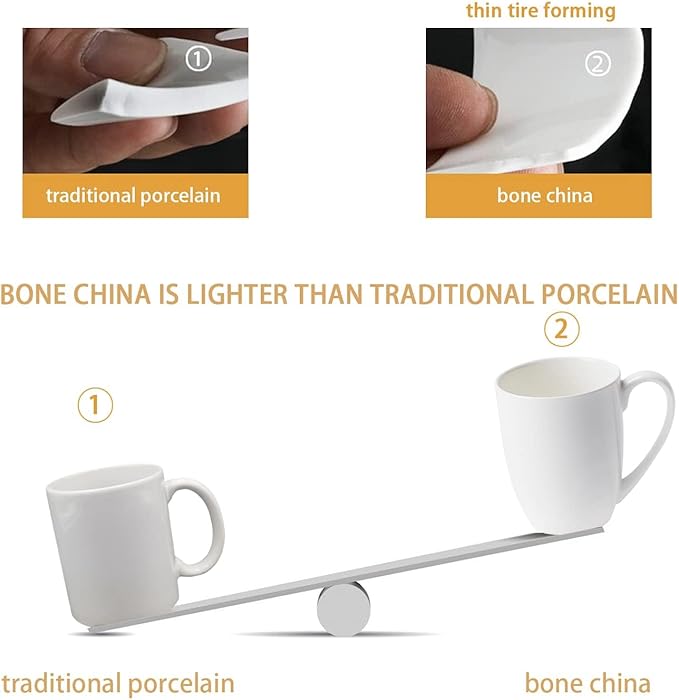 12 oz Fine Bone China Coffee Mugs Set of 6, Over 45% Bone Content White Mugs, Durable Porcelain Coffee Mugs Sets, White Ceramic Lightweight Tea Milk Cups, Microwave & Dishwasher Safe
