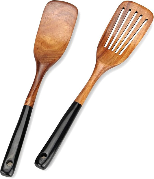 2 Pcs Wooden Spatula Set for Cooking Non Toxic Teak Kitchen Utensils Slotted Pancake Turner Flat Wood Wok Spatulas Bamboo Spoon for Cooking Utensil Set Spurtle Scraper Black Fish Egg Flipper Spatula