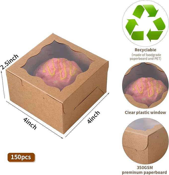 150pcs Brown Small Cake Box,4x4x2.5 Inch Bakery Boxes with Window,gift boxes bulk for Mini Cake Pastry Dessert Strawberries Chocolates Cupcakes with Stickers