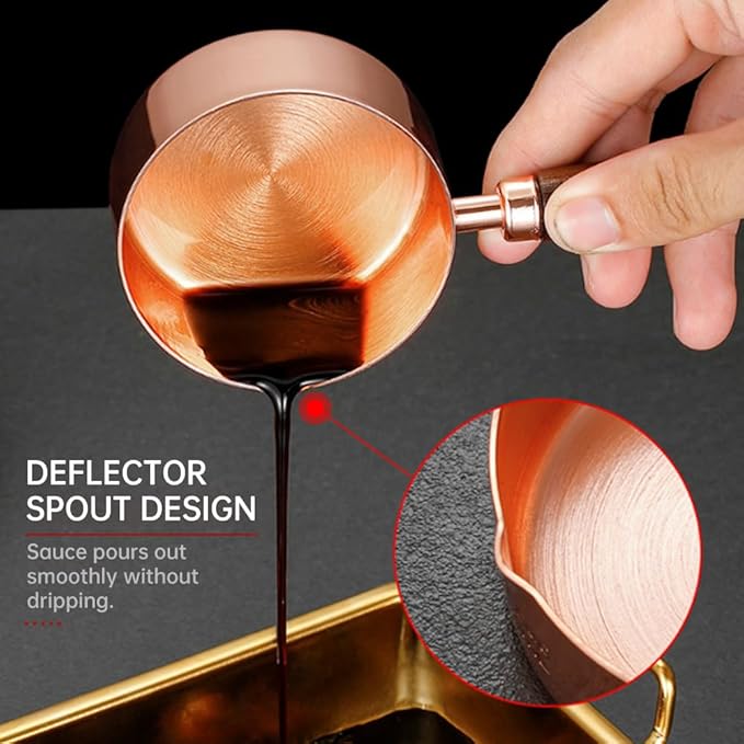 Mini Sauce Pan, Stainless Steel Butter Warmer with Pour Spout and Wooden Handle Rose Gold Melting Pot for Making Sauces, Chocolate Melting, Coffee Tea Soup Warming(1/3cup)