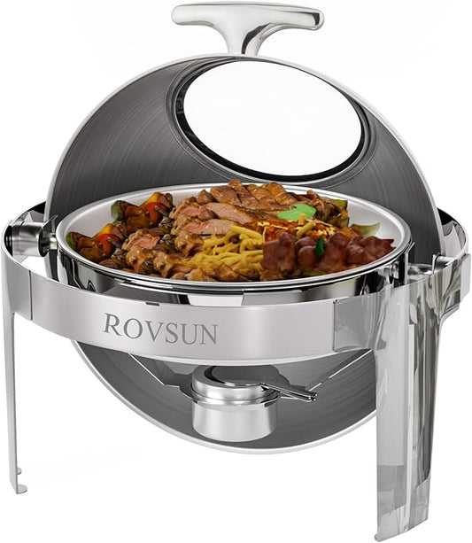 ROVSUN Roll Top Chafing Dish Buffet Set,6 Quart Round Stainless Steel Chafer for Catering,Buffet Servers and Warmers Set with Glass Window for Wedding, Parties, Banquet, Events,Graduation